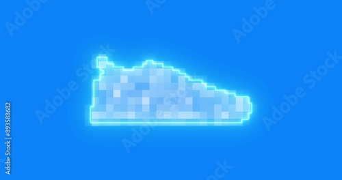 Glowing blue neon line Fitness pixelated sneakers shoes for training, running icon isolated on Blue background. Sport shoes. 4K Video motion graphic animation.