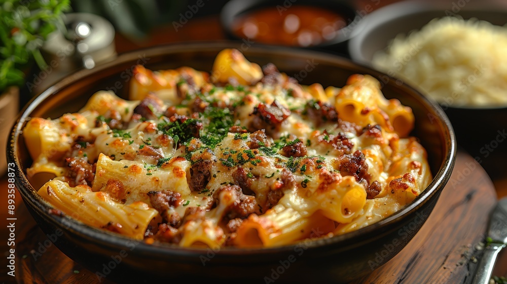 A Cheesy Delight: Baked Pasta With Meat Sauce and Fresh Herbs. Generative AI A Cheesy Delight: Baked Pasta With Meat Sauce and Fresh Herbs. Generative AI