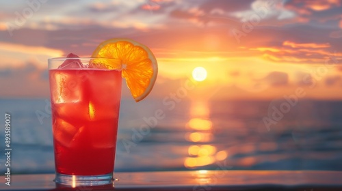 An iced summer cocktail isolated in front of a sunset over the sea 