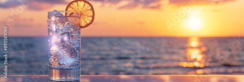 An iced summer cocktail isolated in front of a sunset over the sea 