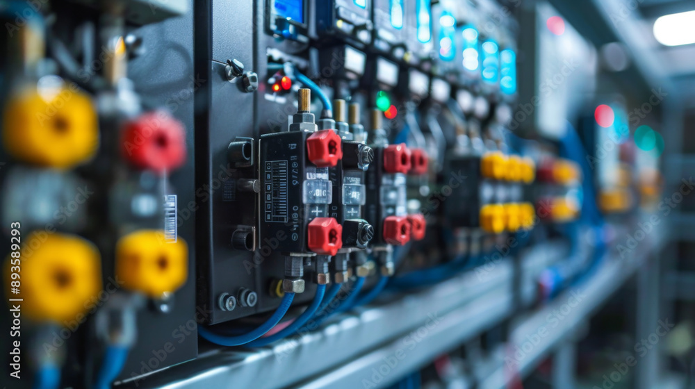 Detailed view of an industrial control panel with various wiring and components in a factory setting. Detailed view of an industrial control panel with various wiring and components in a factory setting.