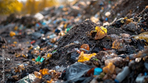 A close-up of a heap of trash in a landfill, highlighting plastic waste and environmental pollution. photo