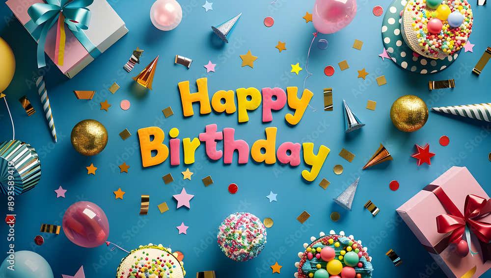 Obraz premium Colorful birthday celebration with vibrant decorations, balloons, cakes, and presents on a blue background. Perfect for party themes and celebrations.