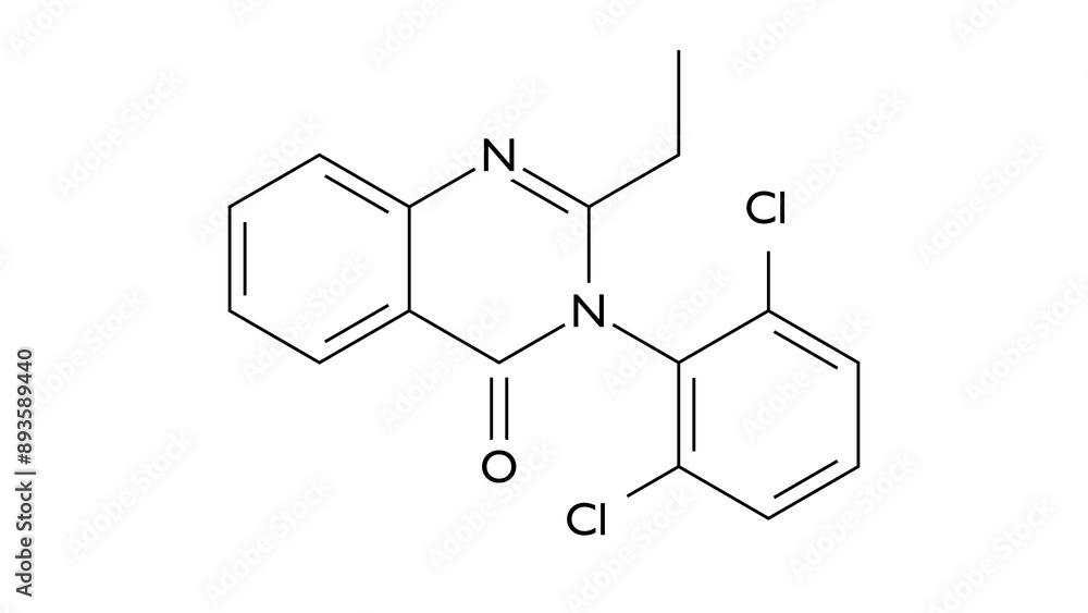 cloroqualone molecule, structural chemical formula, ball-and-stick model, isolated image sedative cloroqualone molecule, structural chemical formula, ball-and-stick model, isolated image sedative