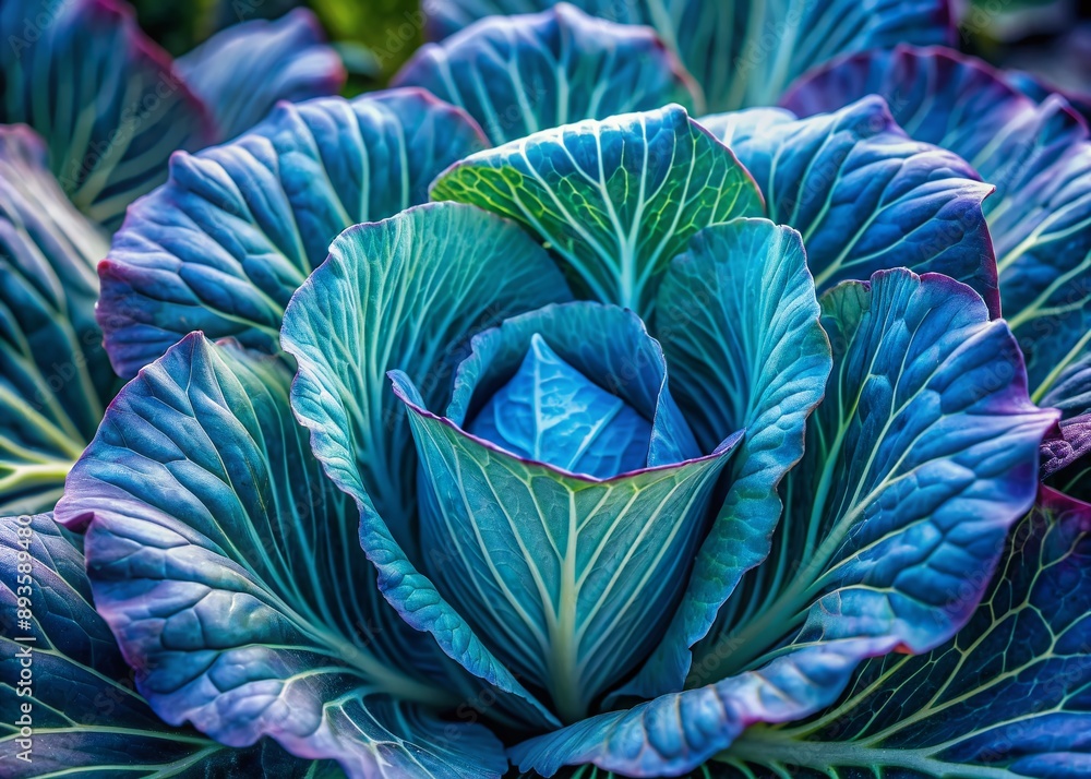 Obraz premium Vibrant blue cabbage showcases a mesmerizing marbled effect of bright cyan and dark brown hues, with intricate leaf patterns and delicate veins on display.