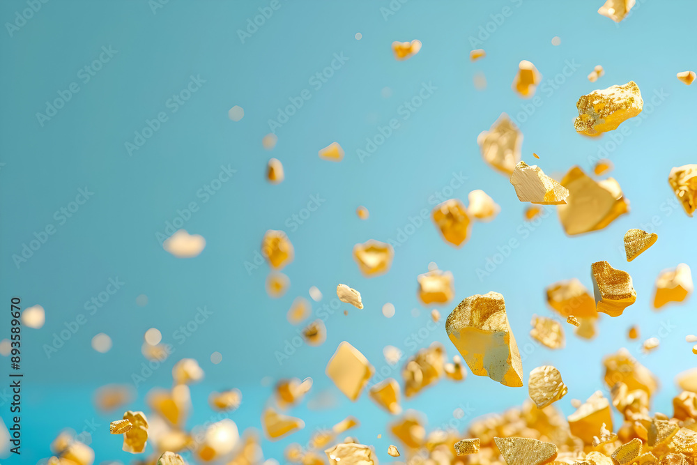Dynamic shot of golden nuggets flying in mid-air against a blue background, capturing motion and luxury. Dynamic shot of golden nuggets flying in mid-air against a blue background, capturing motion and luxury.