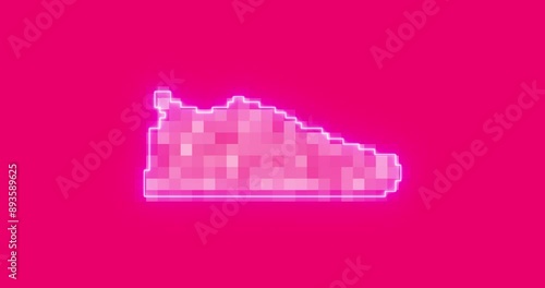 Glowing blue neon line Fitness pixelated sneakers shoes for training, running icon isolated on pink background. Sport shoes. 4K Video motion graphic animation.
