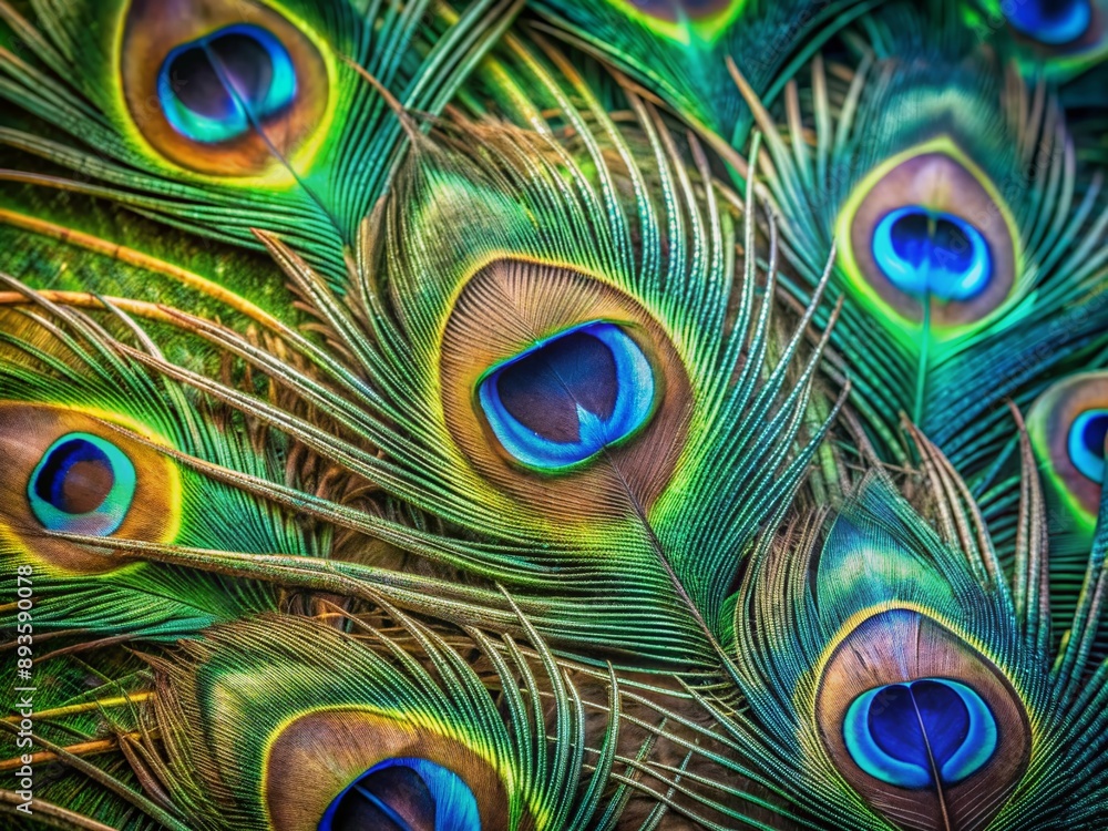 Fototapeta premium Vibrant peacock feather showcases iridescent blues and greens, intricate eye-like patterns, and delicate barbs, creating a stunning display of natural beauty and majestic elegance.