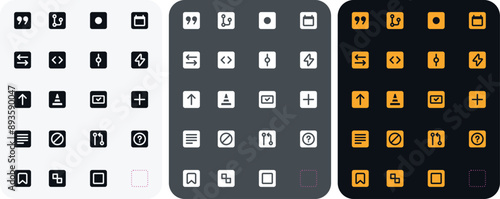 Developer icon set in three colours. Css, java, python coding dashboard icons collection in black colour. UI errors vector illustration
