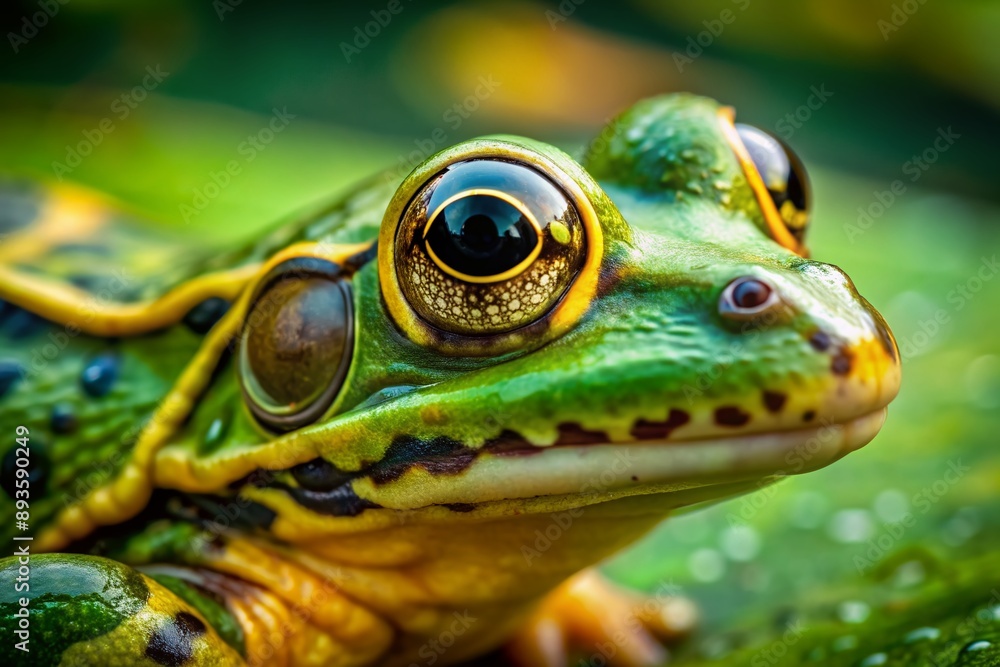 Vibrant green frog with striking yellow eyes and intricate skin texture, showcasing minute details of its moist skin and tiny black spots in sharp focus.