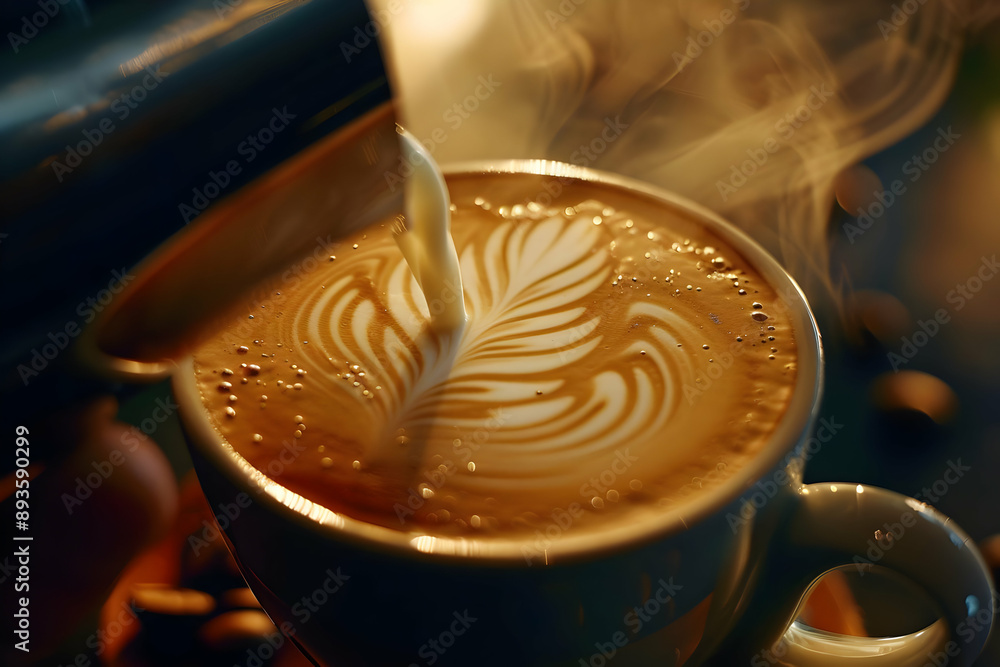 Steaming hot latte with intricate foam art being poured, creating a warm and inviting coffee scene, perfect for cafe or beverage presentation. Steaming hot latte with intricate foam art being poured, creating a warm and inviting coffee scene, perfect for cafe or beverage presentation.