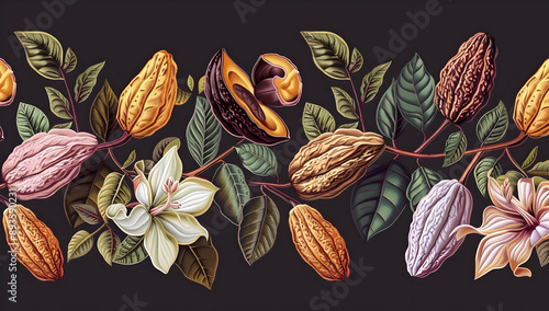 Seamless pattern of cocoa pods and flowers on dark background, showcasing botanical elements for design work.