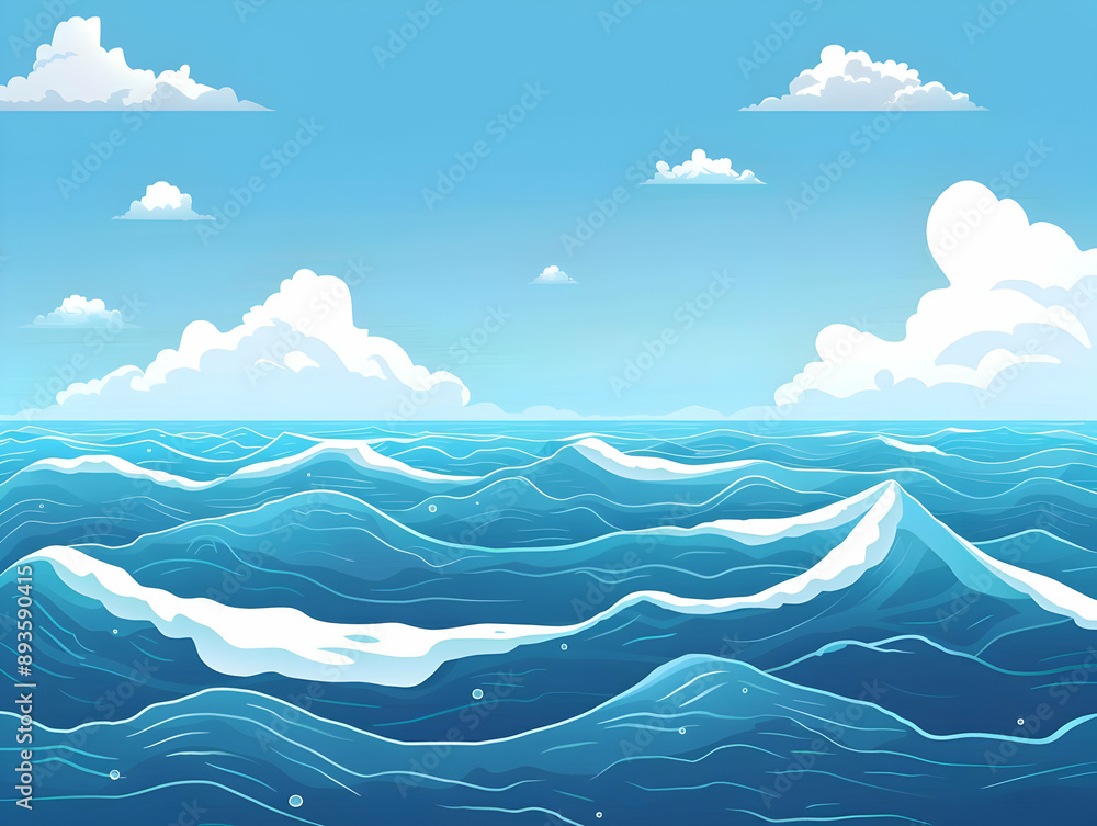 Vibrant cartoon ocean waves under a bright blue sky with fluffy clouds, capturing the essence of a serene seascape. Vibrant cartoon ocean waves under a bright blue sky with fluffy clouds, capturing the essence of a serene seascape.