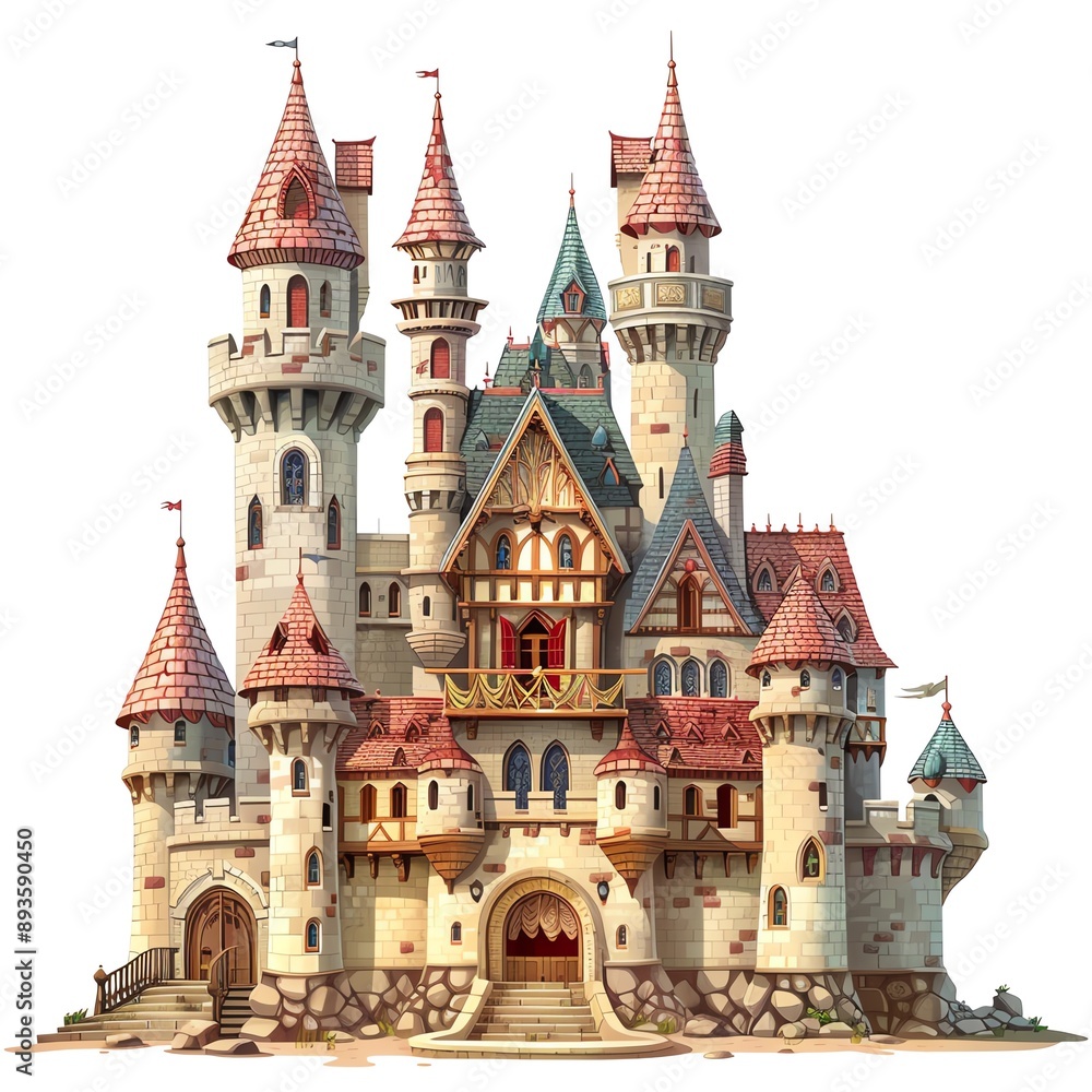Fototapeta premium A whimsical fairytale castle with multiple towers and a grand entrance. Isolated on white.