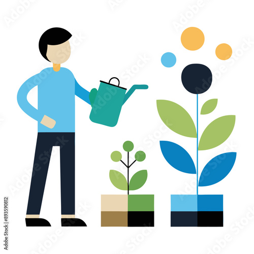 Ilustración de una persona regando dos plantas de diferentes tamaños. Representa el cuidado por el medio ambiente y la importancia del agua para el crecimiento de la vida.