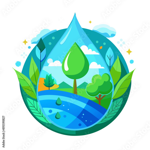 Ilustración de una gota de agua que contiene un paisaje con árboles, río y montañas, representando la importancia del agua en la conservación de la naturaleza.