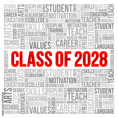 Class of 2028 - the group of students who graduated from high school or college in the year 2028, word cloud concept background