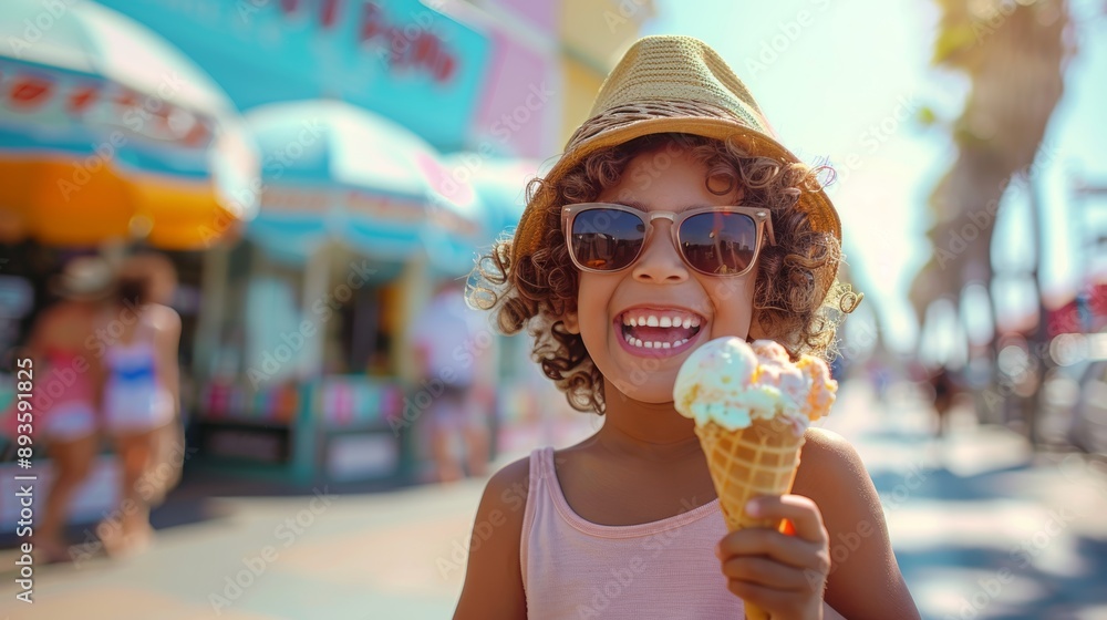 Stylish beachwear-clad kid holding an ice cream cone, standing in the vibrant streets near a California beach. Stylish beachwear-clad kid holding an ice cream cone, standing in the vibrant streets near a California beach.