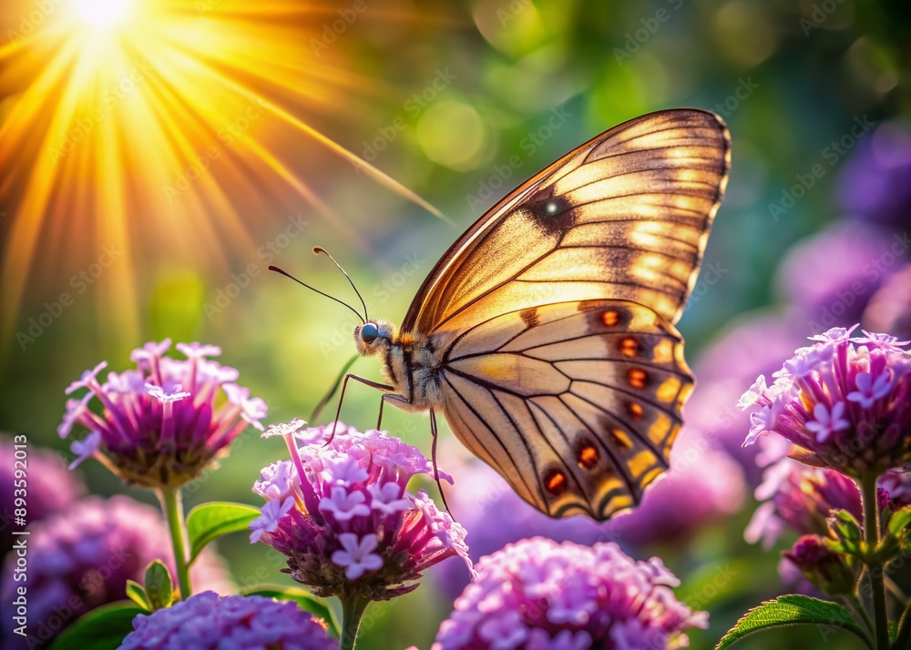Delicate butterfly with intricate wings rests on soft, velvety petals of a lush purple flower, surrounded by lush greenery in warm, sunny light. Delicate butterfly with intricate wings rests on soft, velvety petals of a lush purple flower, surrounded by lush greenery in warm, sunny light.