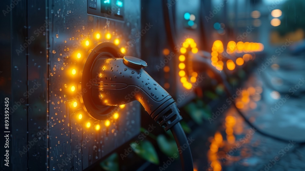 Electric vehicle charging station illuminated on rainy night