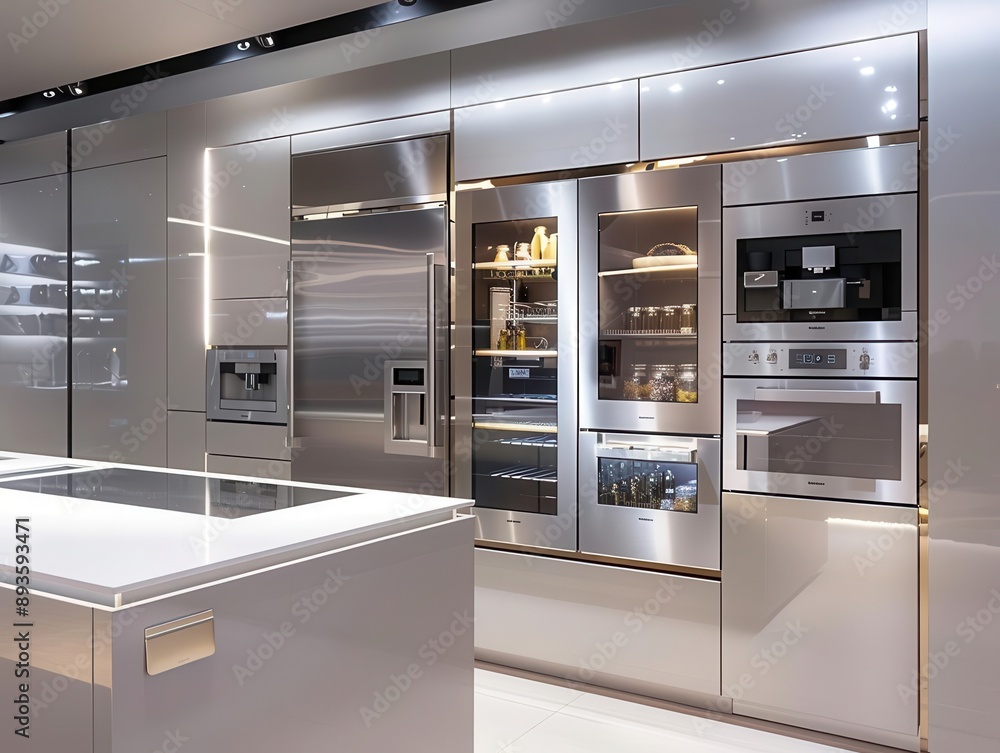 Modern kitchen with stylish stainless steel appliances and sleek cabinetry, featuring a spacious island for culinary creations. Modern kitchen with stylish stainless steel appliances and sleek cabinetry, featuring a spacious island for culinary creations.