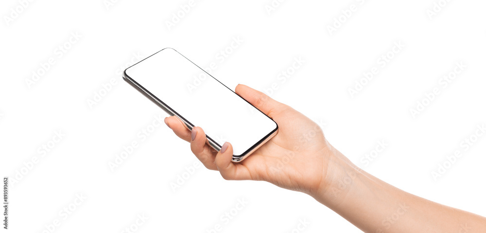 Woman's hand presenting modern smartphone with blank screen, isolated over white background, panorama Woman's hand presenting modern smartphone with blank screen, isolated over white background, panorama