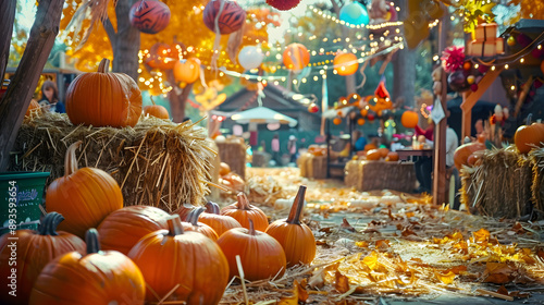 Fototapeta Naklejka Na Ścianę i Meble -  Colorful autumn festival scene with pumpkins, hay bales, and festive decorations, capturing the essence of fall celebrations.