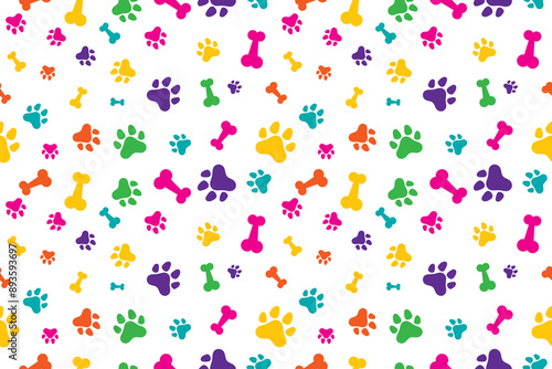 Cute Colorful Bone And Cat Or Dog Paw Pattern Background. Wallpaper. Vector Illustration