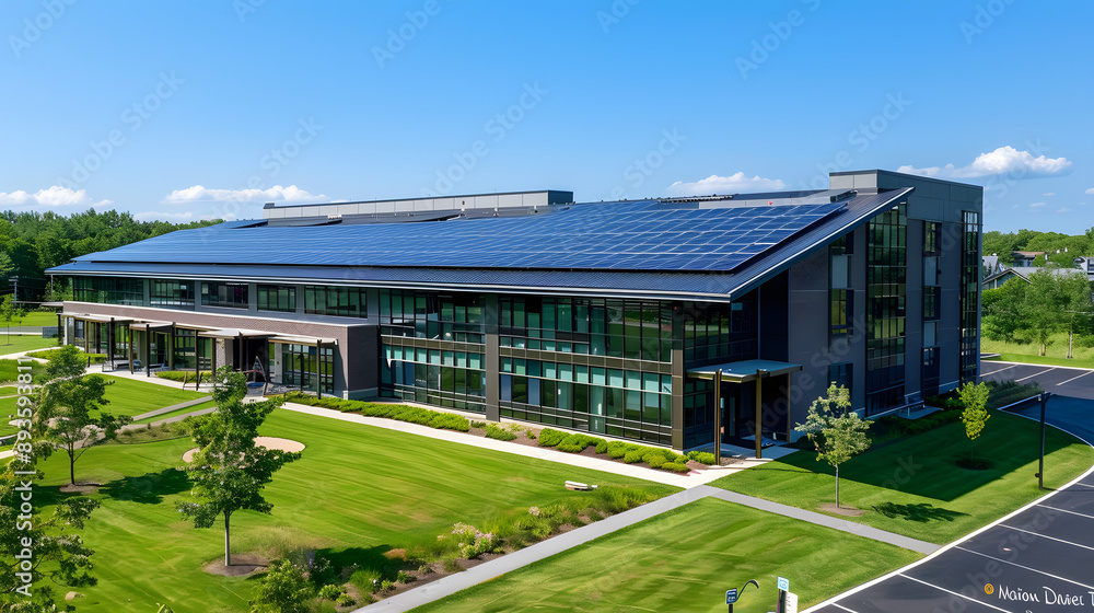 Fototapeta premium Contemporary office building equipped with solar panels on the roof, showcasing green energy solutions and modern architecture.