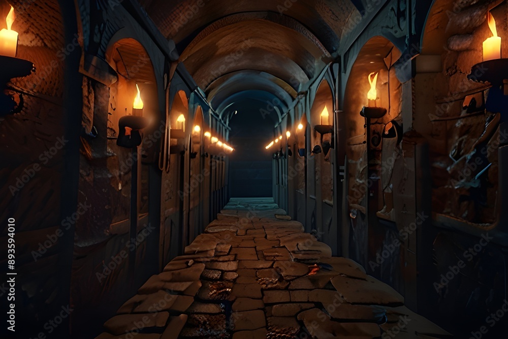 Fototapeta premium Scary endless medieval catacombs with torches. Mystical nightmare concept. 3D Rendering. Generative AI