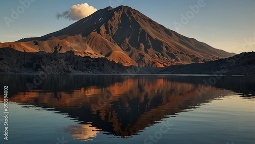 Volcanic mountain in morning light reflected in calm waters of lake.