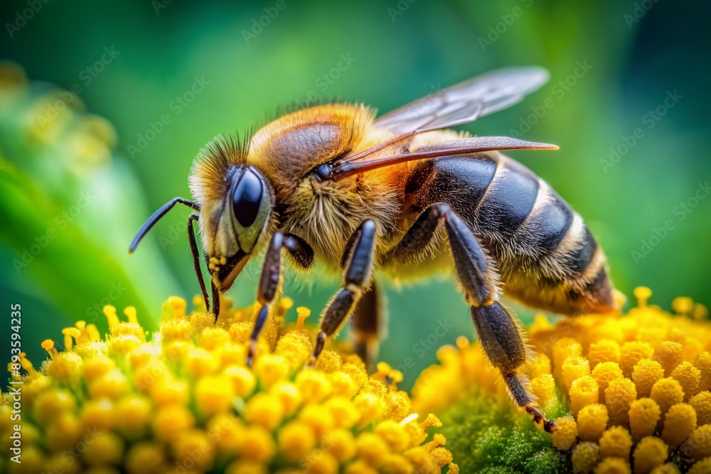 Vibrant close-up of a busy bee collecting nectar, with bright yellow pollen grains clinging to its fuzzy body, set against a soft green leafy background. Vibrant close-up of a busy bee collecting nectar, with bright yellow pollen grains clinging to its fuzzy body, set against a soft green leafy background.