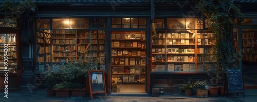 Cozy bookstore window, handwritten 10 off on vintage paper, warm evening glow, front view photo