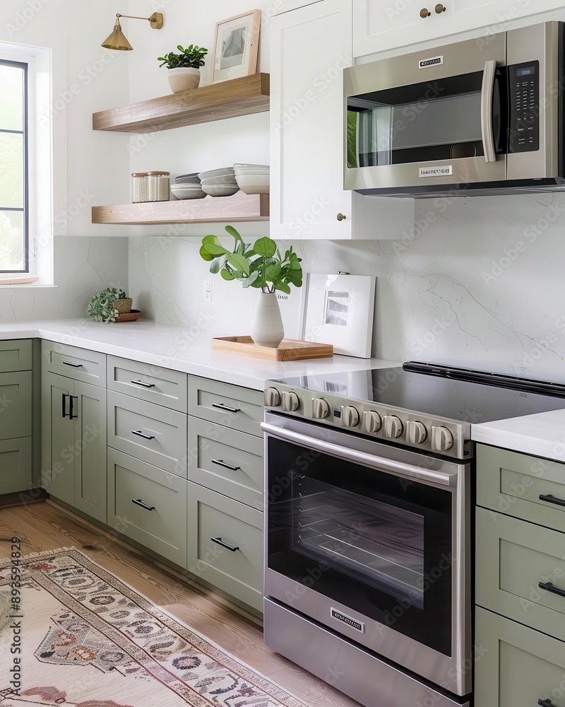 Modern kitchen with green cabinets, stainless steel appliances, and stylish decor. Perfect for contemporary home designs. Modern kitchen with green cabinets, stainless steel appliances, and stylish decor. Perfect for contemporary home designs.