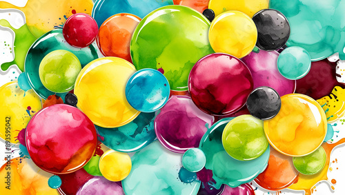 Set of yellow, green, turquoise, wein red vectorized round watercolor splashes.

