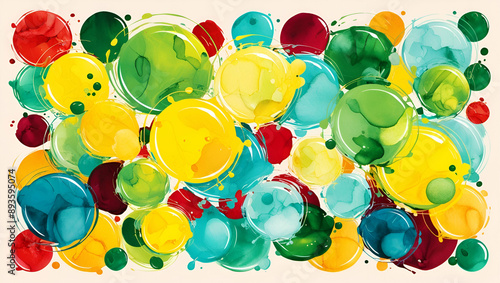 Set of yellow, green, turquoise, wein red vectorized round watercolor splashes.

