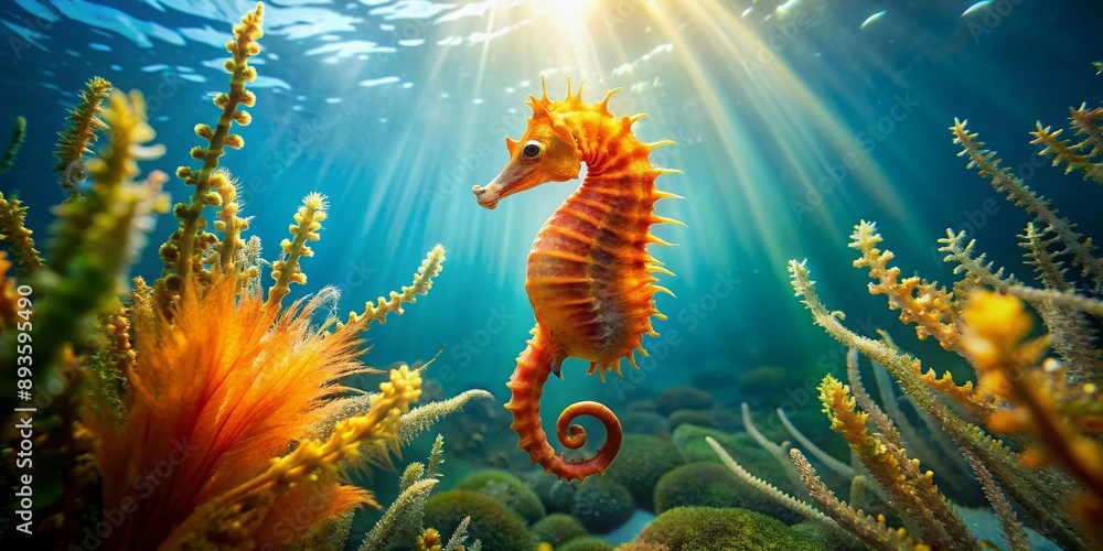 Vibrant orange seahorse swims amidst delicate sea fans and waving green seaweed in a serene, sunlit ocean scene, showcasing marine life's beauty and diversity. Vibrant orange seahorse swims amidst delicate sea fans and waving green seaweed in a serene, sunlit ocean scene, showcasing marine life's beauty and diversity.