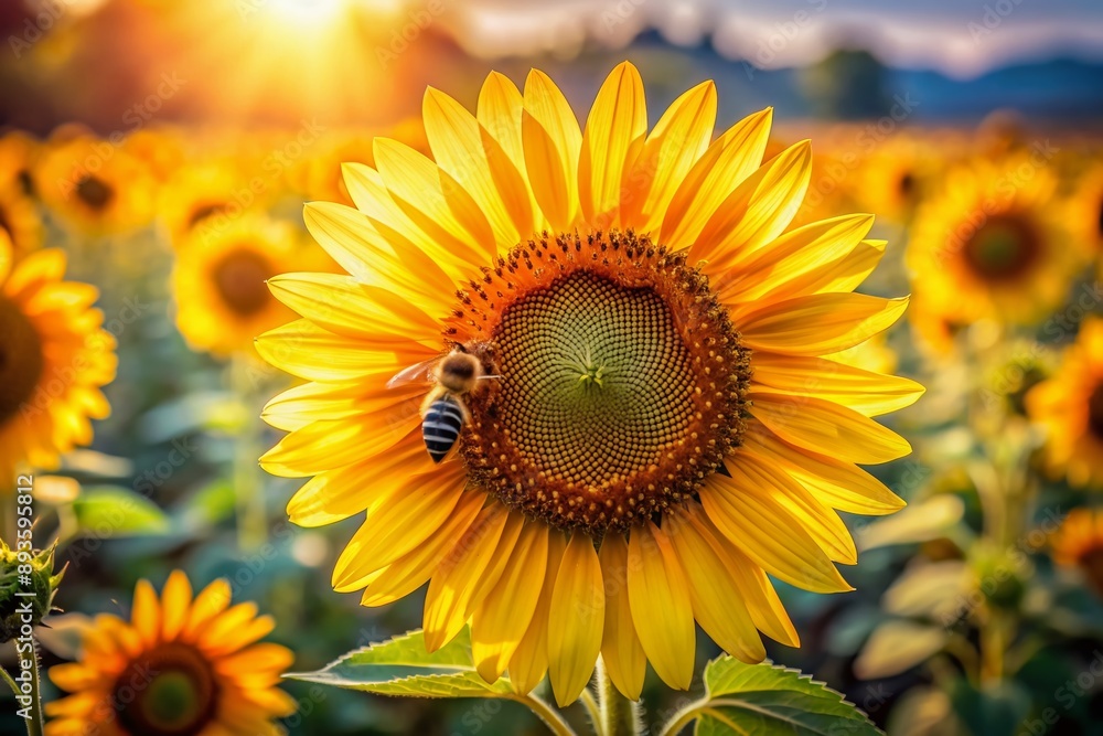 Obraz premium Vibrant yellow petals of a young fall sunflower surround a busy bee as it collects nectar, pollinating the bloom in a warm natural light scene.