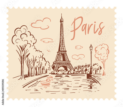 The Eiffel Tower in Paris with a postage stamp in the background of the city. Landmark of Paris. Vector linear illustration. Doodle style