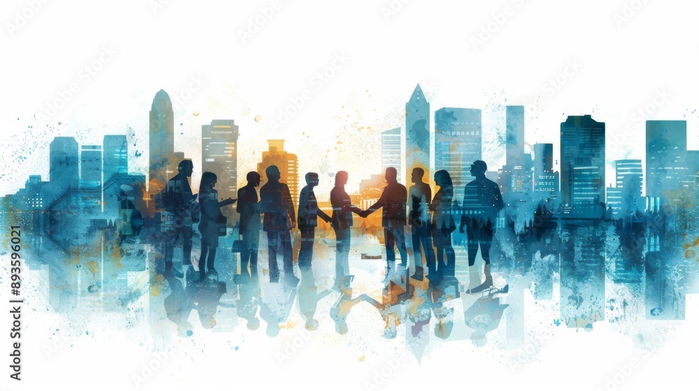 Obraz premium A group of business partners shaking hands after a successful financial negotiation, with a cityscape background