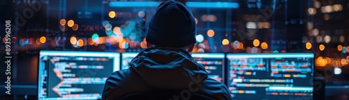 A programmer working late at night surrounded by multiple computer screens displaying code in a high-tech urban office setting.