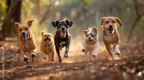 A group of dogs running together on a trail in a forest, enjoying their off-leash playtime.