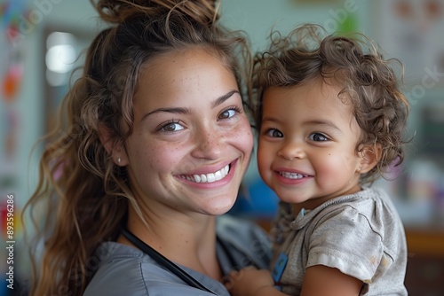 Smiling Female Healthcare Worker Holding a Young Child in a Clinic Setting