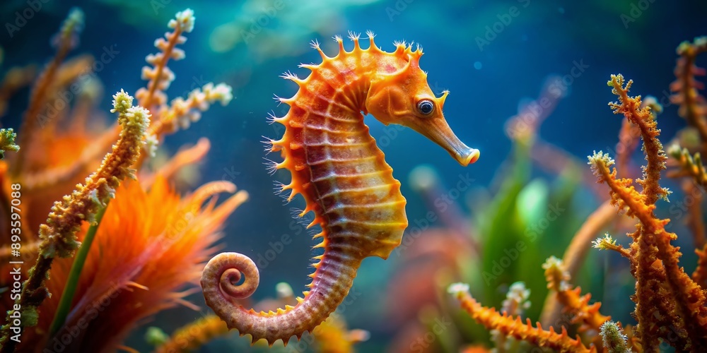 Vibrant orange seahorse swims amidst delicate seaweed and coral in a tranquil ocean environment, its intricate tail and serene facial expression mesmerizing onlookers. Vibrant orange seahorse swims amidst delicate seaweed and coral in a tranquil ocean environment, its intricate tail and serene facial expression mesmerizing onlookers.