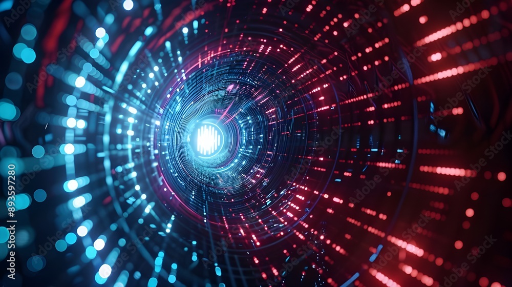 Obraz premium Illuminated Data Tunnel Background with Glowing Blue and Red Lights Symbolizing Cyber Security Technology