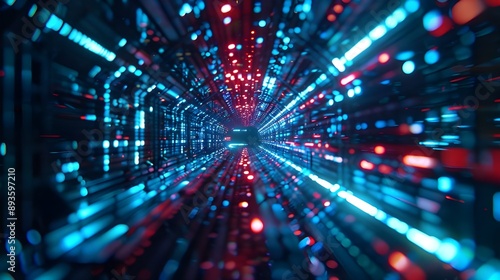 Illuminated Data Tunnel Background with Glowing Blue and Red Lights Symbolizing Cyber Security Technology