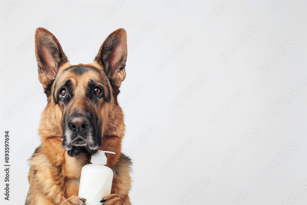 Fototapeta premium A German Shepherd holding a bottle of dog shampoo, looking attentive and ready for grooming