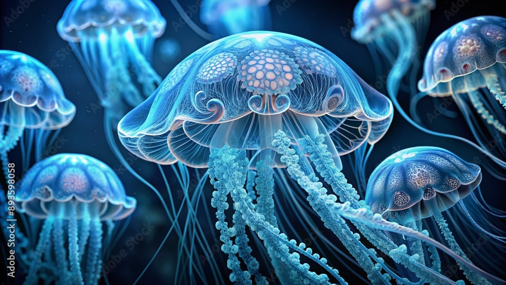 Obraz premium Vibrant blue jellyfish tentacles with intricate, translucent patterns flow gracefully against a dark background, showcasing their delicate, lace-like design in stunning detail.