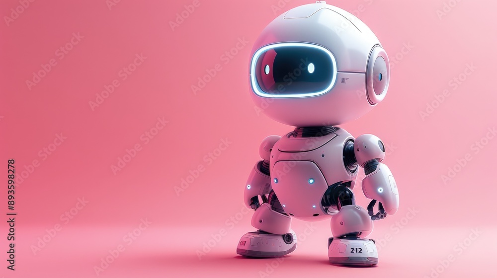 Robot with glowing eyes standing on a pink pastel background Robot with glowing eyes standing on a pink pastel background