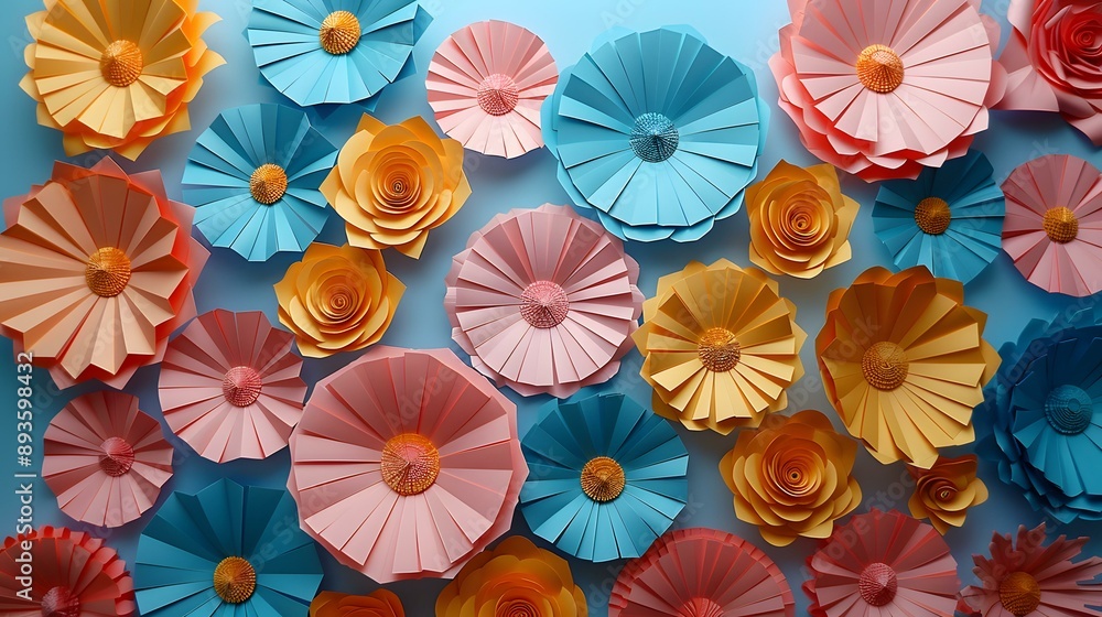 Colorful paper flowers on blue background Colorful paper flowers on blue background